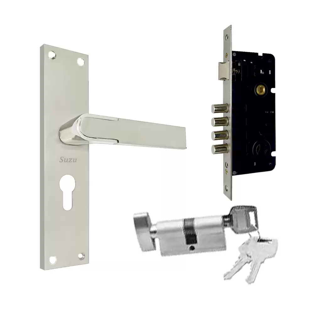 Suzu Puma 250 mm CY Door Handleset With Lock Body & 60 mm OSK Pin Cylinder (Bedroom) - Twotone