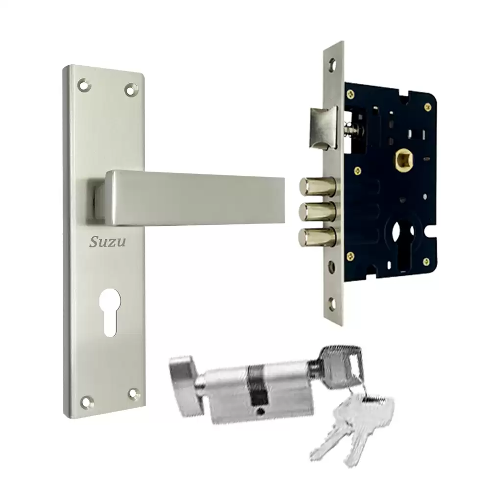 Suzu Suprio 200 mm CY Door Handleset With Lock Body & 60 mm OSK Pin Cylinder (Bedroom) - Stainless steel