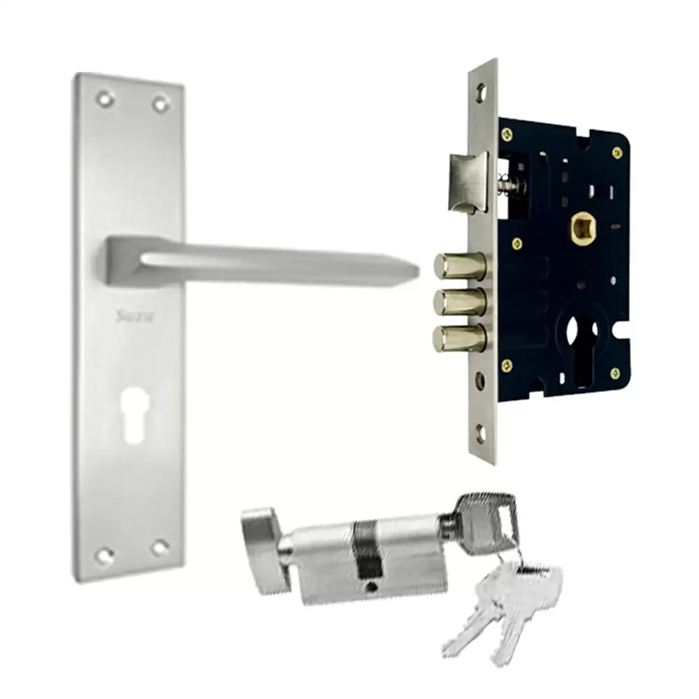 Suzu MS Venus 200 mm CY Door Handleset With Lock Body & 60 mm OSK Pin Cylinder (Bedroom) - Stainless steel