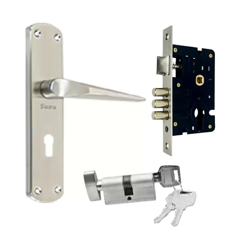 Suzu MS Bolt 200 mm CY Door Handleset With Lock Body & 60 mm OSK Pin Cylinder (Bedroom) - Stainless Steel