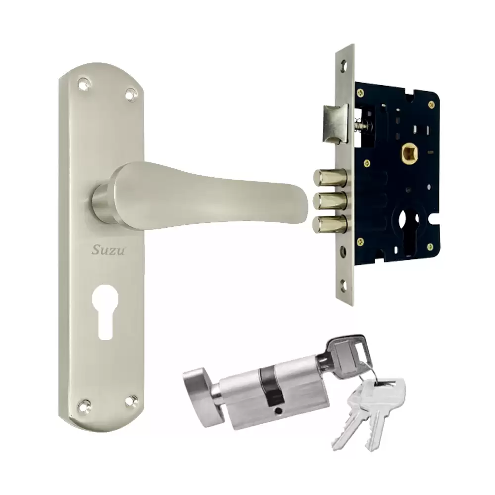 Suzu MS Rover 200 mm CY Door Handleset With Lock Body & 60 mm OSK Pin Cylinder (Bedroom) - Stainless Steel