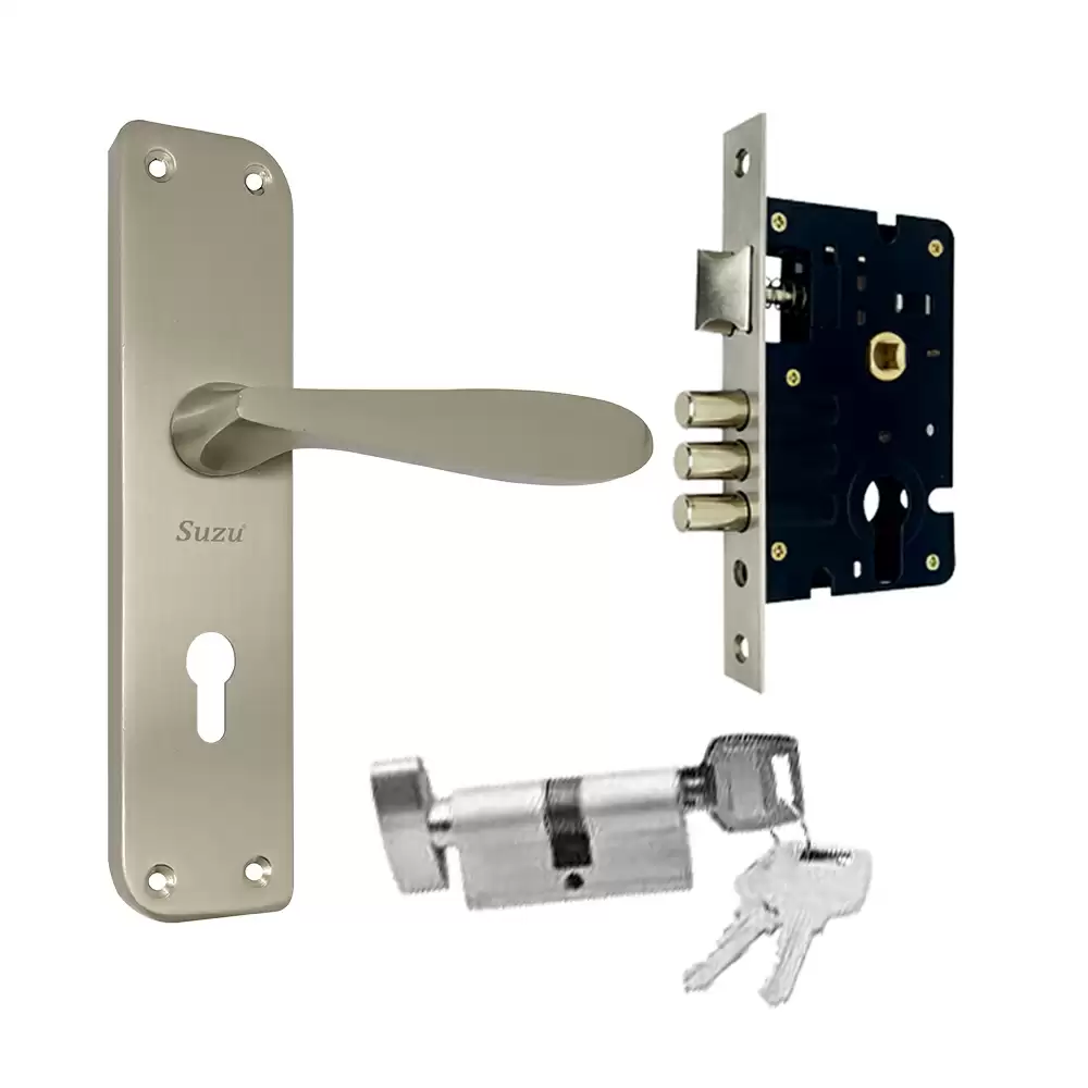 Suzu MS Kwid 200 mm CY Door Handleset With Lock Body & 60 mm OSK Pin Cylinder (Bedroom) - Stainless Steel