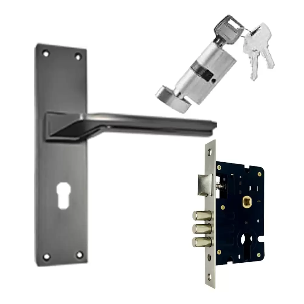 Suzu Maple 200 mm CY Door Handleset With Lock Body & 60 mm OSK Pin Cylinder (Bedroom) - Black Antique