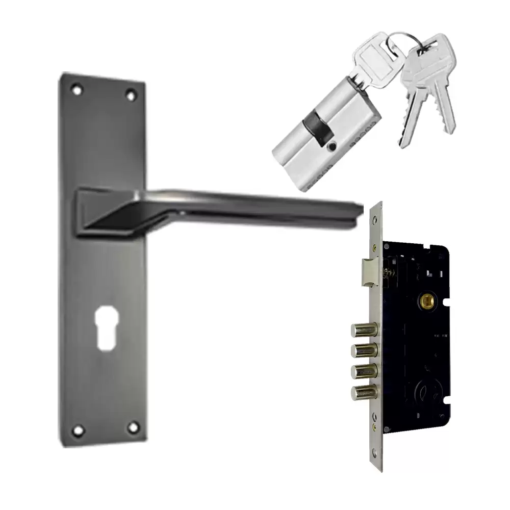 Suzu Maple 250 mm CY Door Handleset With Lock Body & 60 mm BSK Pin Cylinder (Entrance) - Black Antique