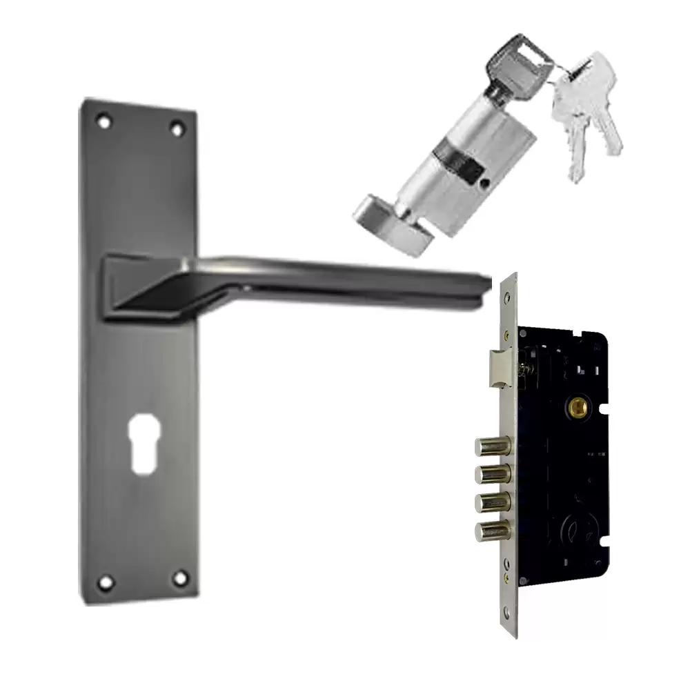 Suzu Maple 250 mm CY Door Handleset With Lock Body & 60 mm OSK Pin Cylinder (Bedroom) - Black Antique