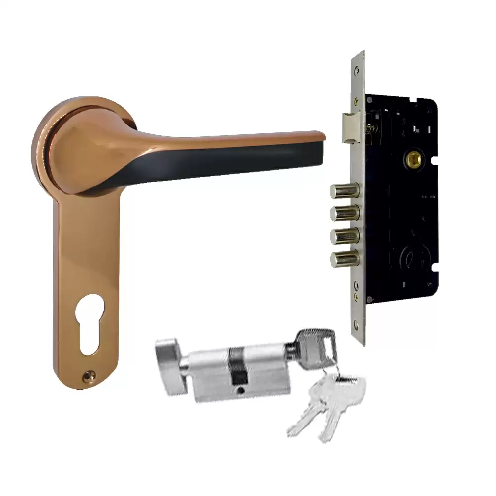 Suzu Omega 250 mm CY Door Handleset With Lock Body & 60 mm OSK Pin Cylinder (Bedroom) - Black Rose Gold