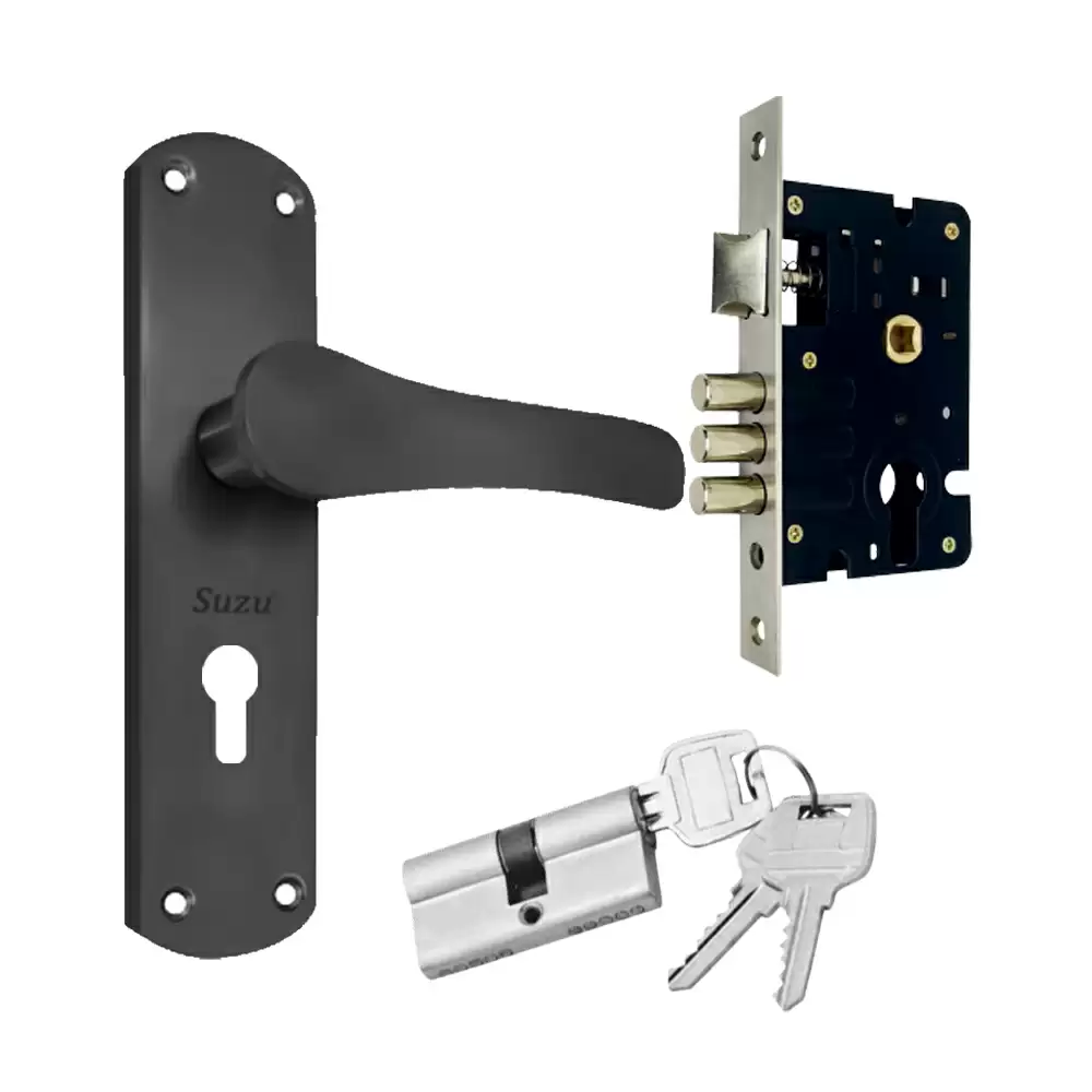 Suzu MS Rover 200 mm CY Door Handleset With Lock Body & 60 mm BSK Pin Cylinder (Entrance) - Black