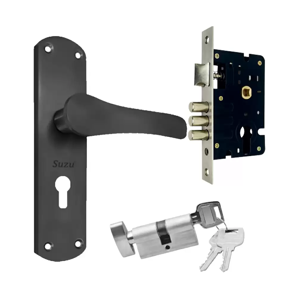 Suzu MS Rover 200 mm CY Door Handleset With Lock Body & 60 mm OSK Pin Cylinder (Bedroom) - Black