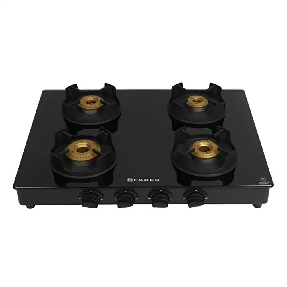 Faber Onyx Glass Power Gas Stove Manual Ignition Cooktop with 4 Brass Burner- Black (2 Year Warranty)