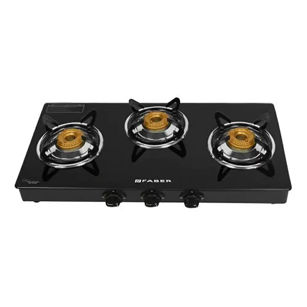 Faber Jumbo Glass Power Gas Stove Manual Ignition Cooktop with 3 Brass Burner- Black (2 Year Warranty)