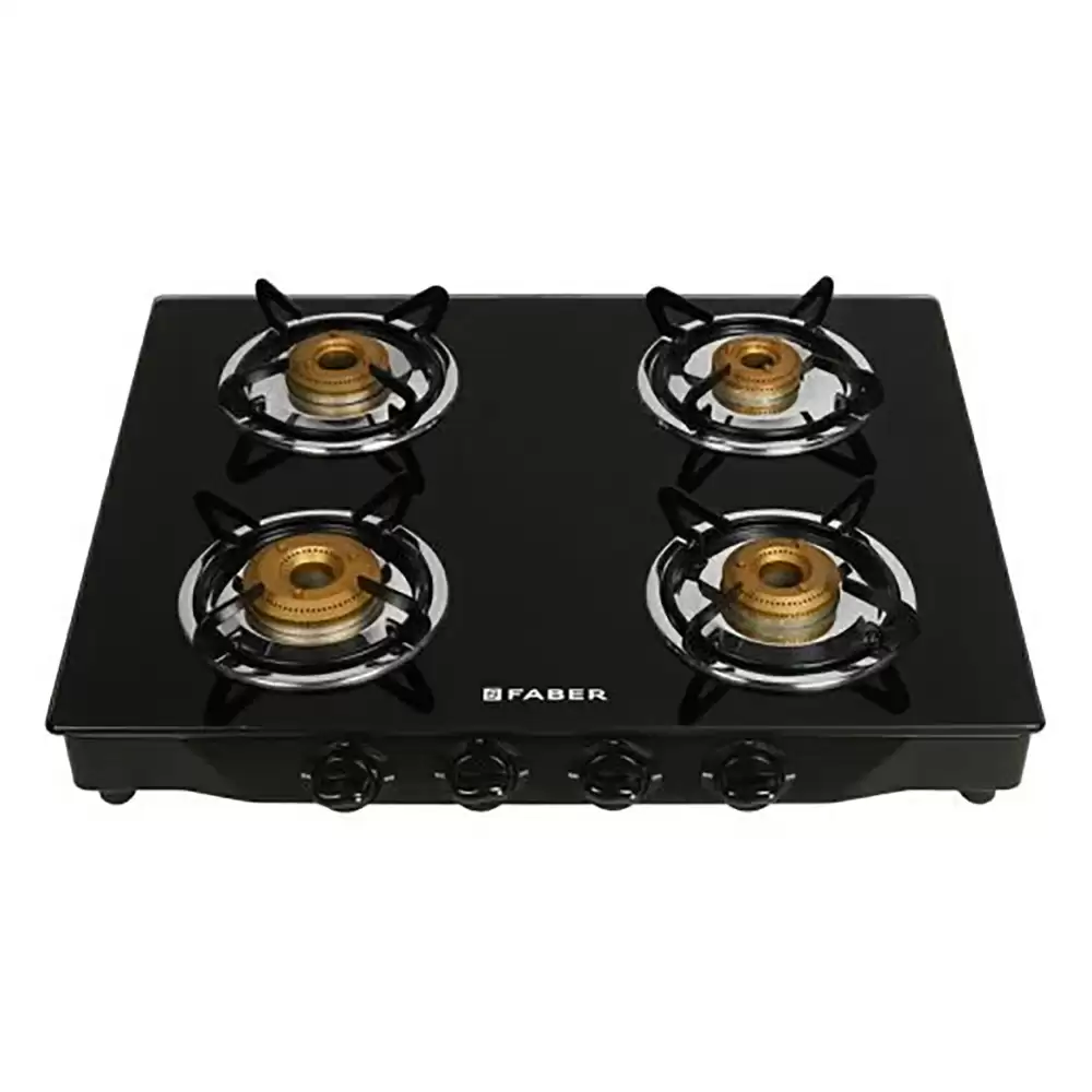 Faber Jumbo Glass Power Gas Stove Manual Ignition Cooktop with 4 Brass Burner- Black (2 Year Warranty)