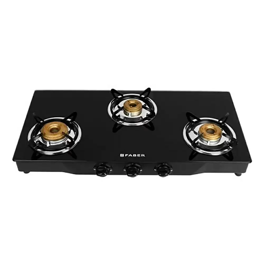 Faber Jumbo Glass Power Gas Stove Auto Ignition Cooktop with 3 Brass Burner- Black (2 Year Warranty)