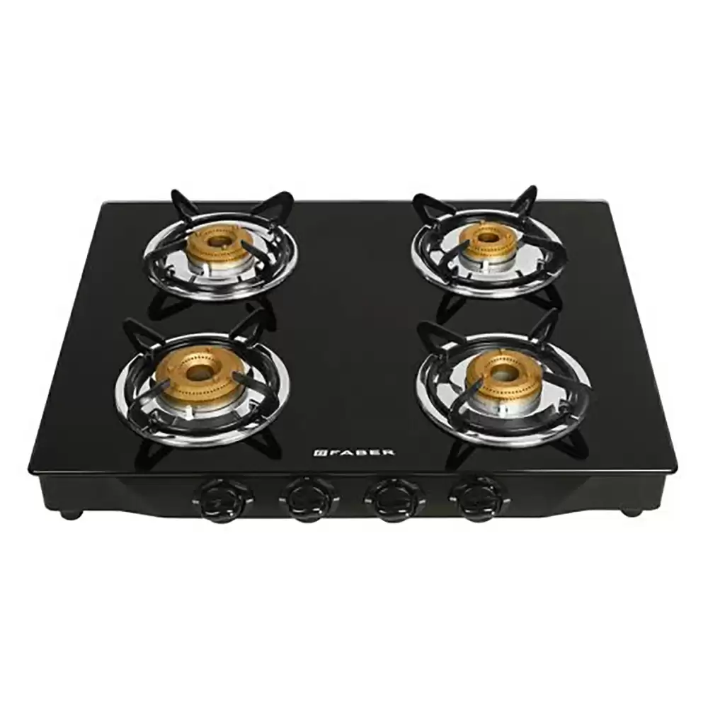 Faber Jumbo Glass Power Gas Stove Auto Ignition Cooktop with 4 Brass Burner- Black (2 Year Warranty)