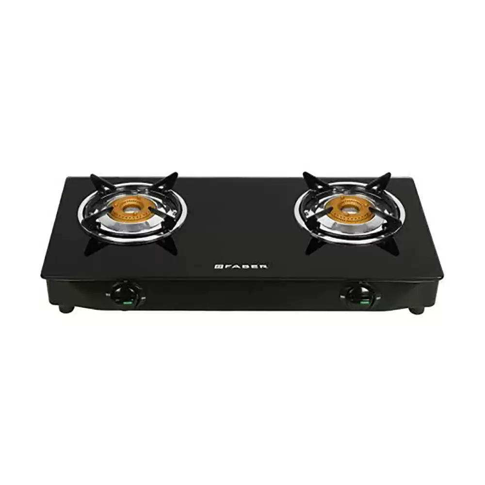 Faber Jazz Glass Power Gas Stove Manual Ignition Cooktop with 2 Brass Burner- Black (2 Year Warranty)