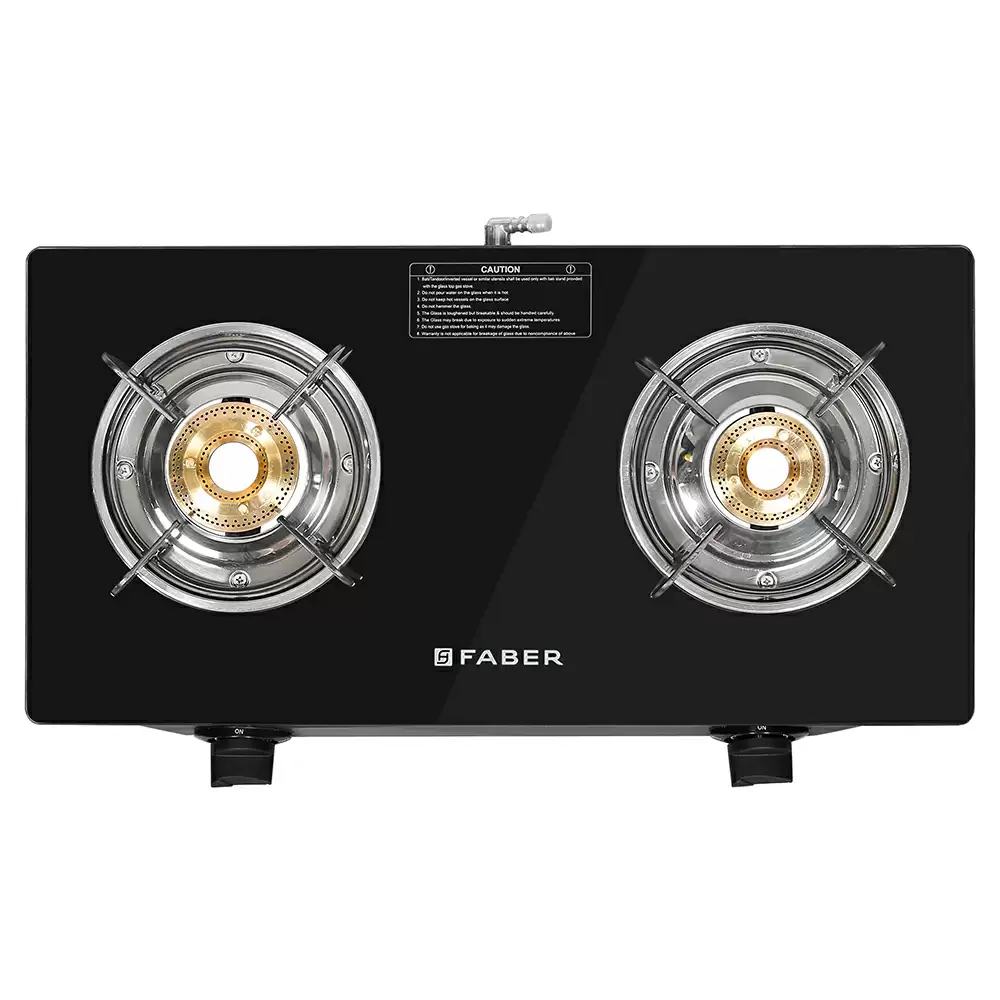 Faber Glass Power Gas Stove Manual Ignition Cooktop with 2 Brass Burner- Black (2 Year Warranty)