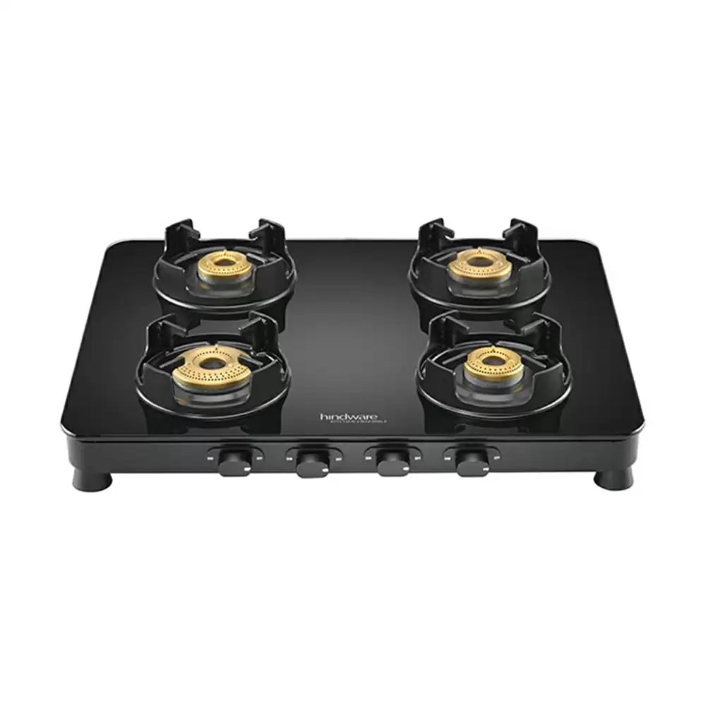 Hindware Alverio 64 cm 4 Brass Burner Manual Ignition Cooktop - Black (5 Year Warranty)