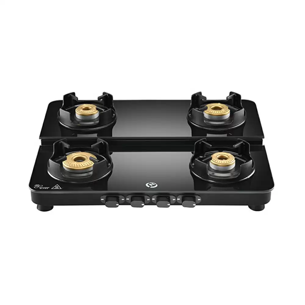 Hindware Alverio DPLX 64 cm 4 Brass Burner Manual Ignition Cooktop - Black (5 Year Warranty)