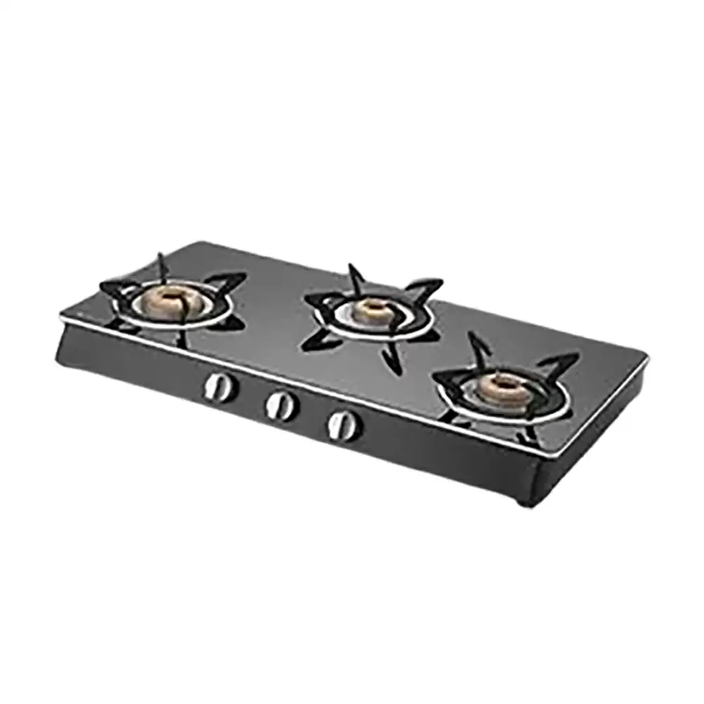 Kaff CTAI773B Glass Power Gas Stove Auto Ignition Cooktop With 3 Brass Burner- Black