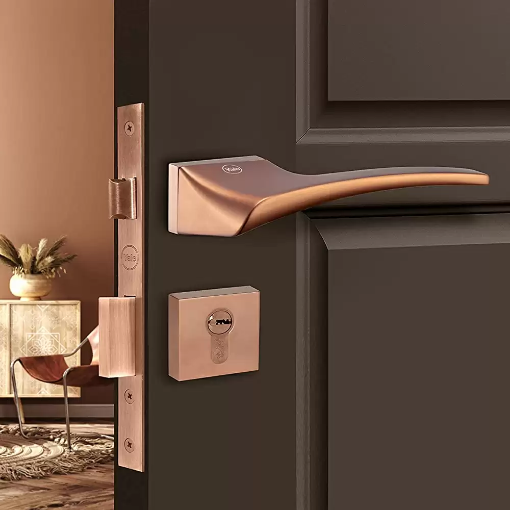 Yale Opal Zinc Mortise On Rose Door Handleset with Lock Body, Pin Cylinder & 3 Keys  - (Rose Gold)