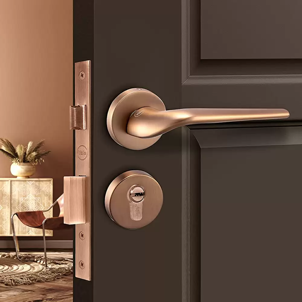 Yale Pearl Zinc Mortise On Rose Door Handleset with Lock Body, Pin Cylinder & 3 Keys  - (Rose Gold)