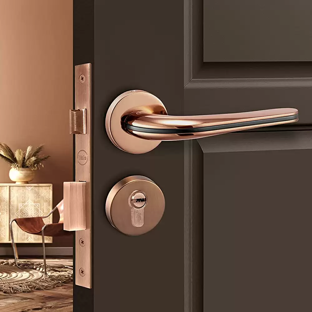 Yale Quartz Zinc Mortise On Rose Door Handleset with Lock Body, Pin Cylinder & 3 Keys  - (Rose Gold)