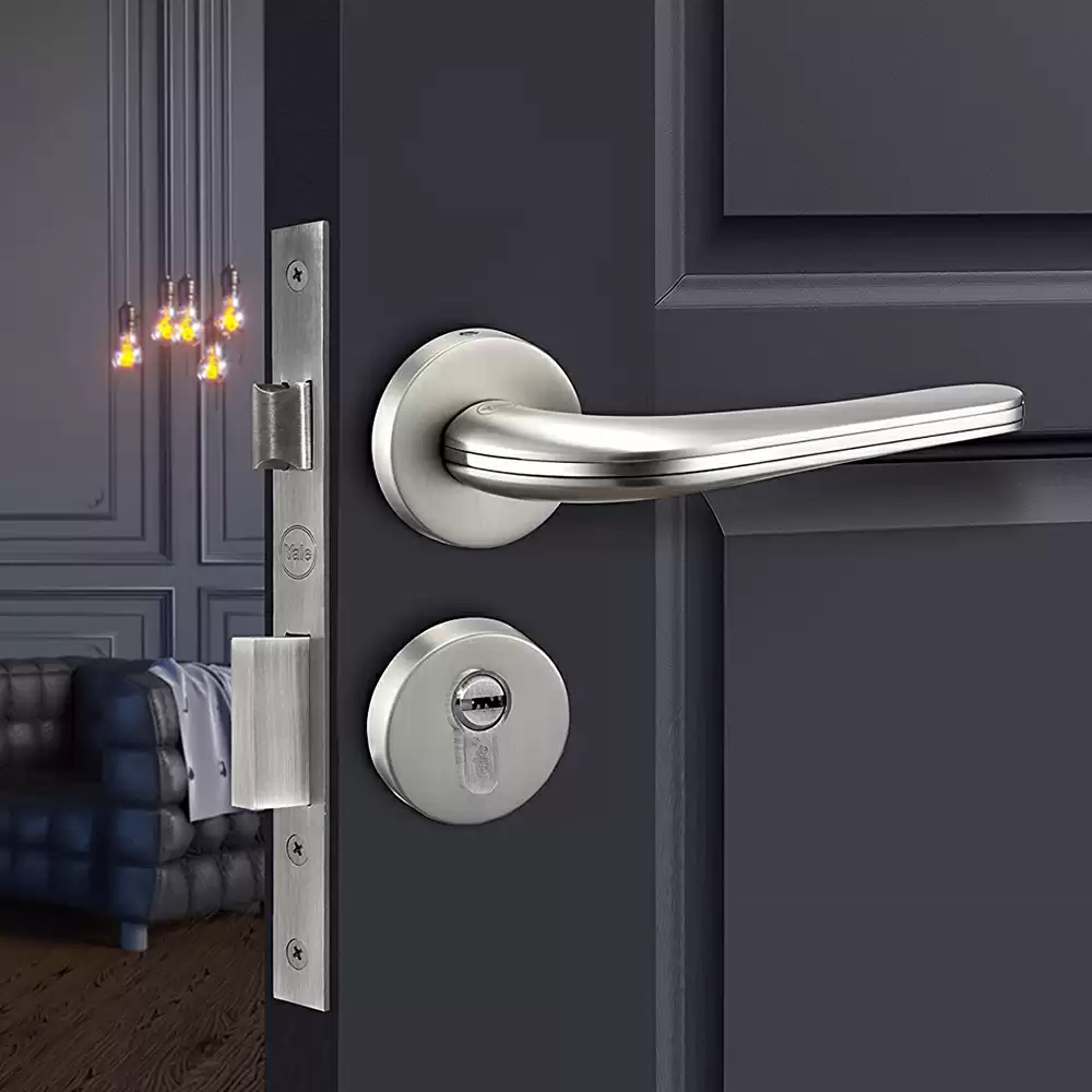 Yale Quartz Zinc Mortise On Rose Door Handleset with Lock Body, Pin Cylinder & 3 Keys  - (Satin Steel)