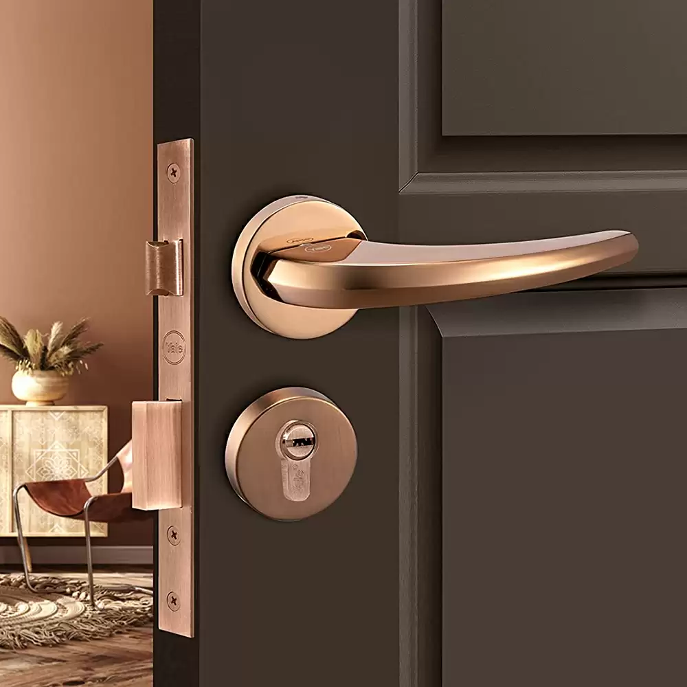 Yale Ruby Zinc Mortise On Rose Door Handleset with Lock Body, Pin Cylinder & 3 Keys  - (Rose Gold)