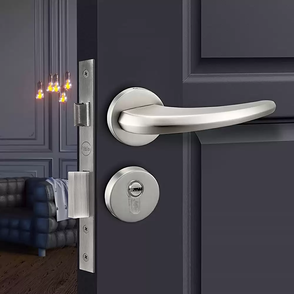 Yale Ruby Zinc Mortise On Rose Door Handleset with Lock Body, Pin Cylinder & 3 Keys  - (Satin Steel)