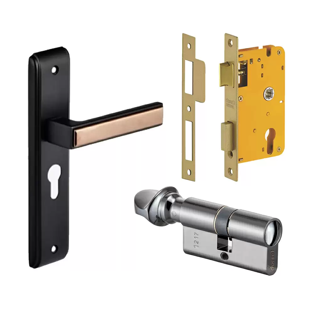 Dorset Kaira 200 mm Mortise On Plate Door Handleset with Lock Body & 70 mm One Side Coin & One Side Knob Cylinder - Graphite Matt Hamilton Gold