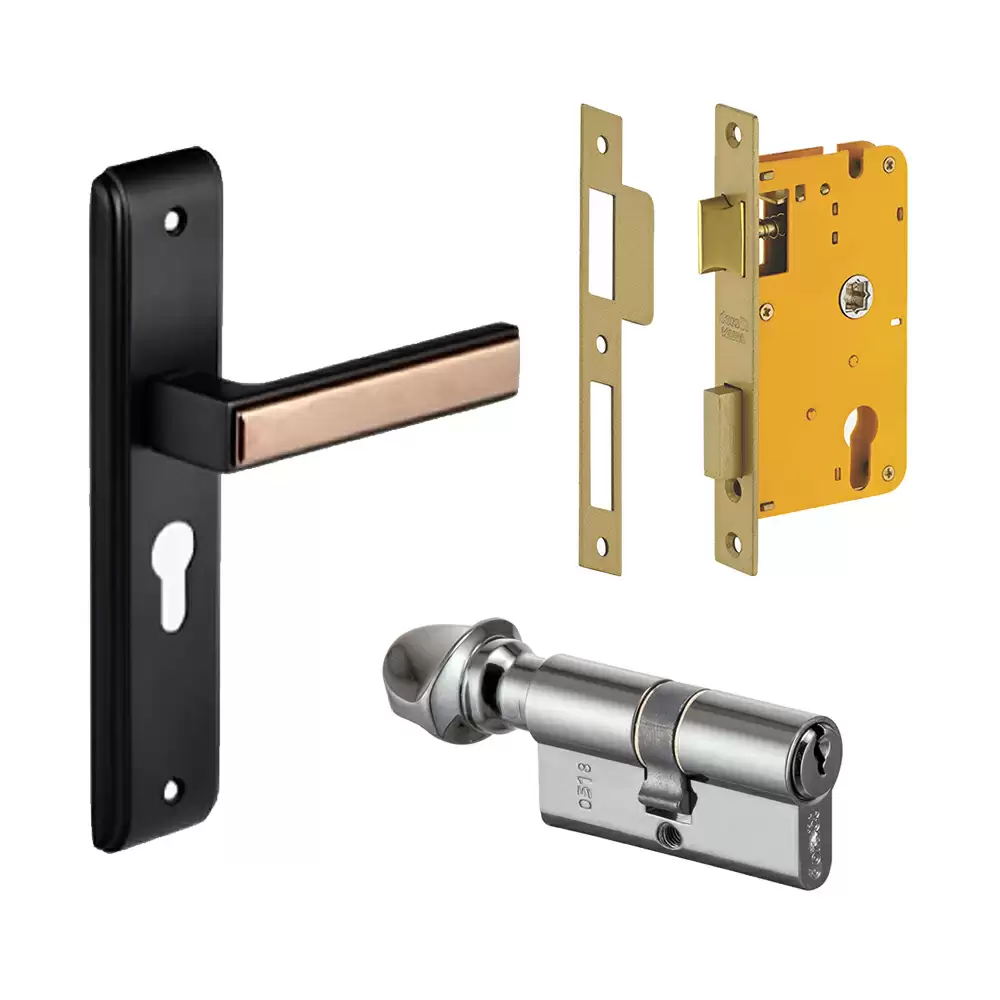 Dorset Kaira 200 mm Mortise On Plate Door Handleset with Lock Body & 60 mm One Side Key & One Side Knob Cylinder - Graphite Matt Hamilton Gold