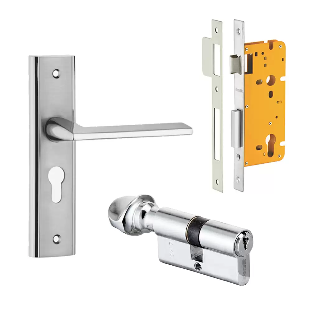 Dorset Ceto 250 mm Handle On Plate Door Handleset with Lock Body & 60 mm One Side Key & One Side Knob Cylinder - Silver Satin