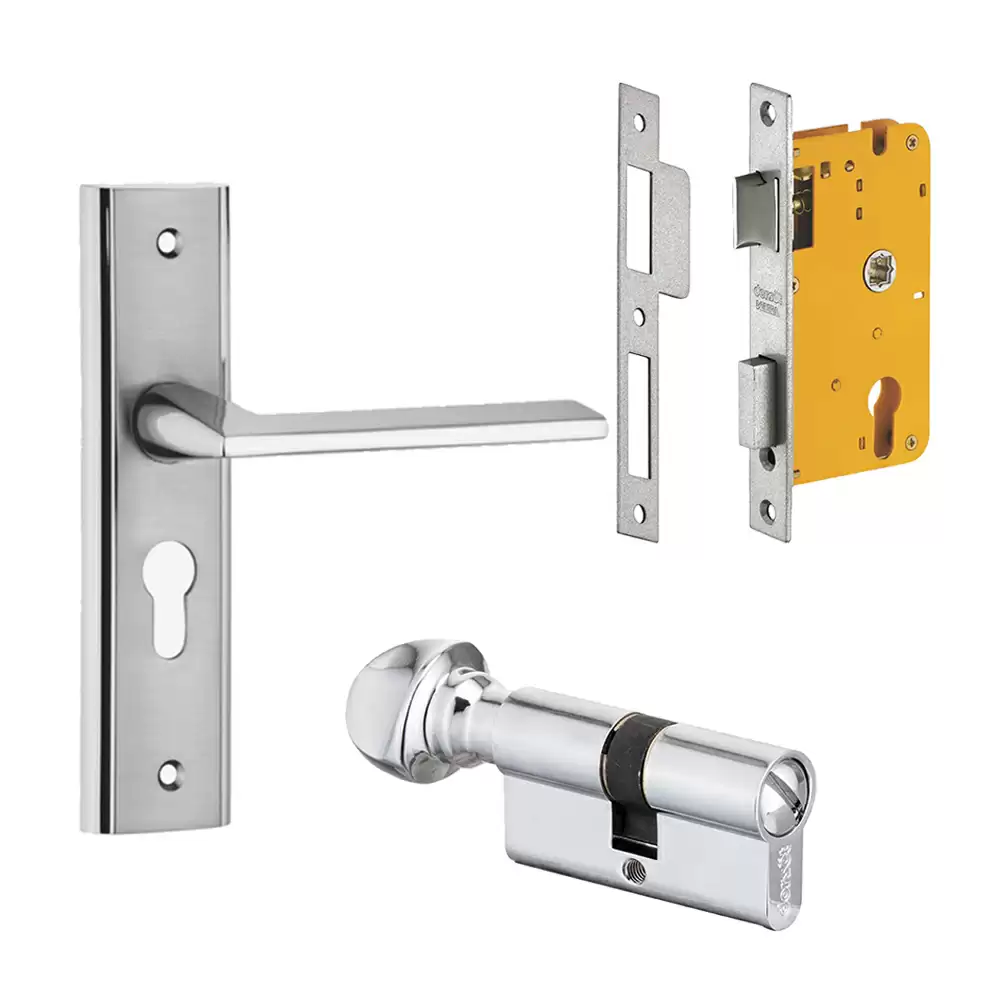 Dorset Ceto 200 mm Handle On Plate Door Handleset with Lock Body & 60 mm One Side Coin & One Side Knob Cylinder - Silver Satin