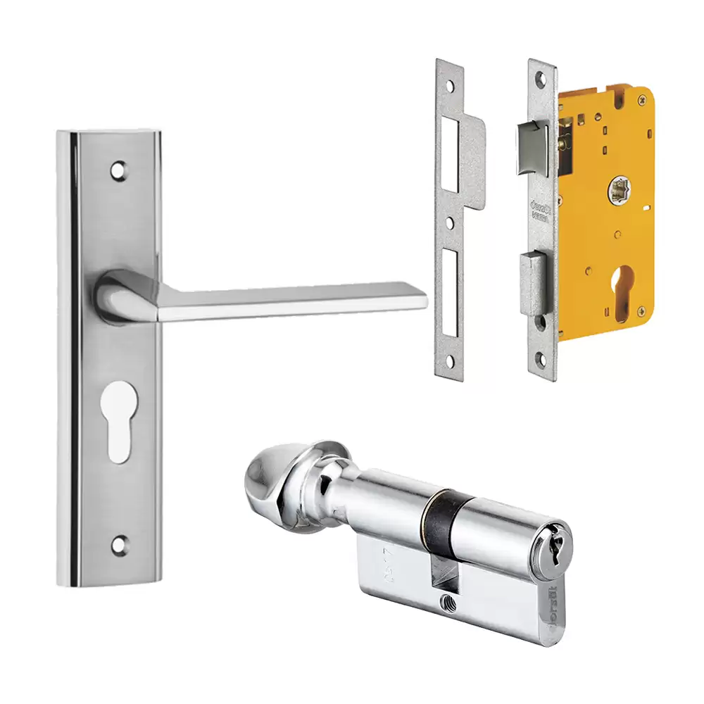 Dorset Ceto 200 mm Handle On Plate Door Handleset with Lock Body & 60 mm One Side Key & One Side Knob Cylinder - Silver Satin