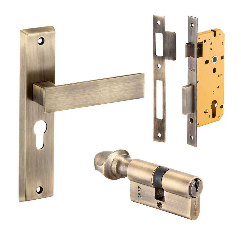 Dorset Elina 250 mm Handle On Plate Door Handleset with Lock Body & 70 mm One Side Key & One Side Knob Cylinder - Patina