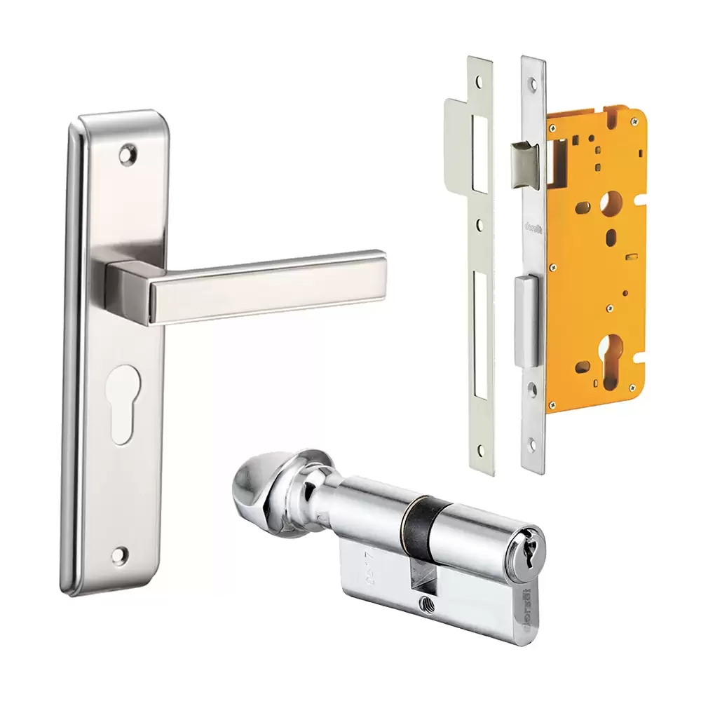 Dorset Kaira 250 mm Handle On Plate Door Handleset with Lock Body & 70 mm One Side Key & One Side Knob Cylinder - Silver Chrome