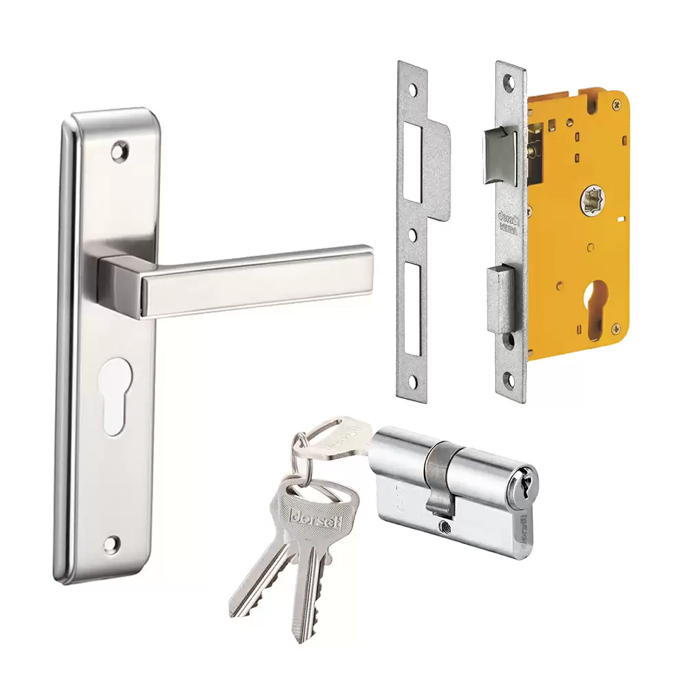 Dorset Kaira 200 mm Handle On Plate Door Handleset with Lock Body & 70 mm Both Side Key Cylinder - Silver Chrome