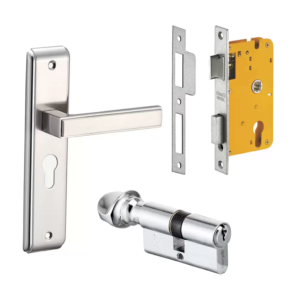 Dorset Kaira 200 mm Handle On Plate Door Handleset with Lock Body & 70 mm One Side Key & One Side Knob Cylinder - Silver Chrome