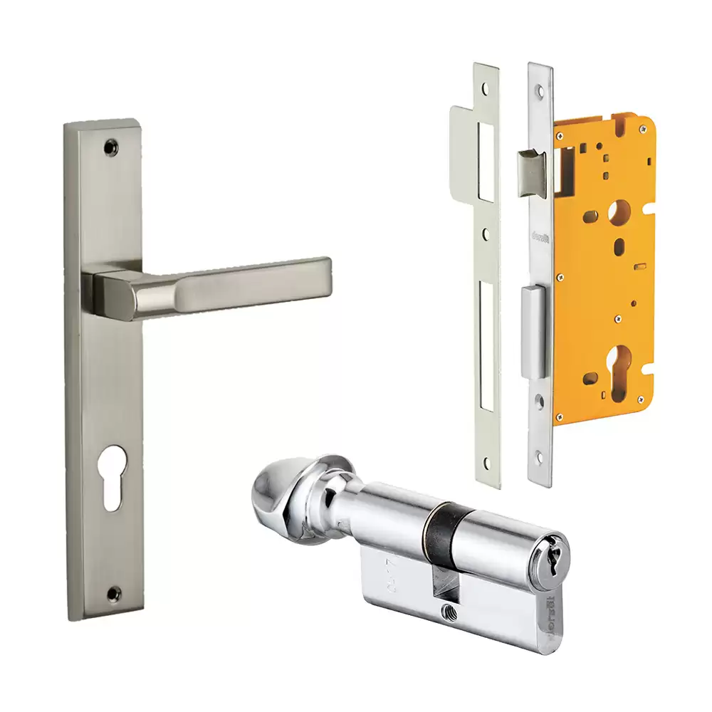 Dorset Texa 250 mm Handle On Plate Door Handleset with Lock Body & 70 mm One Side Key & One Side Knob Cylinder - Silver Chrome