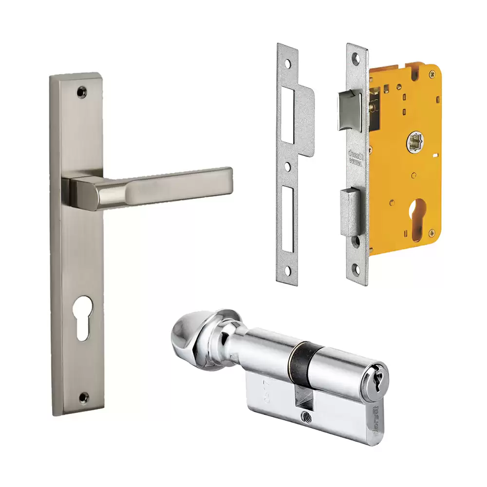 Dorset Texa 200 mm Handle On Plate Door Handleset with Lock Body & 60 mm One Side Key & One Side Knob Cylinder - Silver Chrome