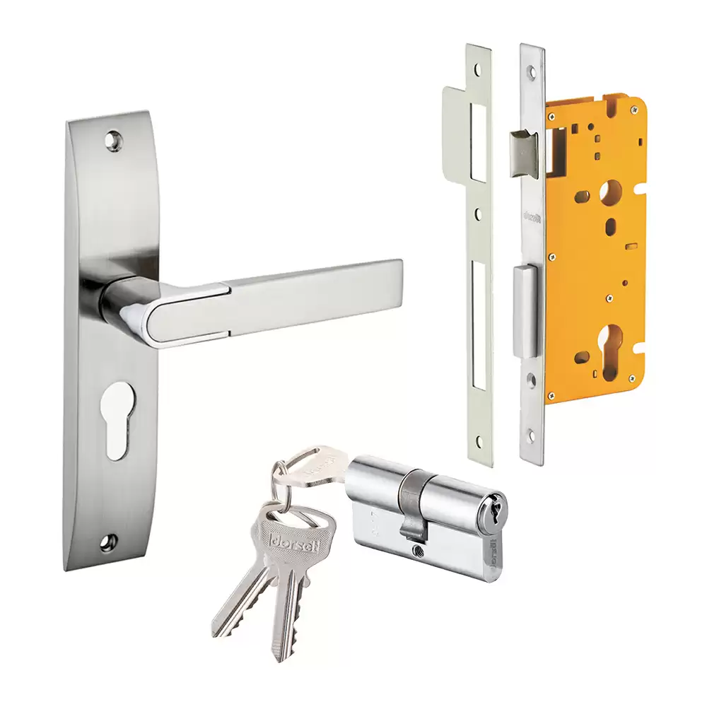 Dorset Zovi 250 mm Handle On Plate Door Handleset with Lock Body & 60 mm Both Side Key Cylinder - Silver Chrome