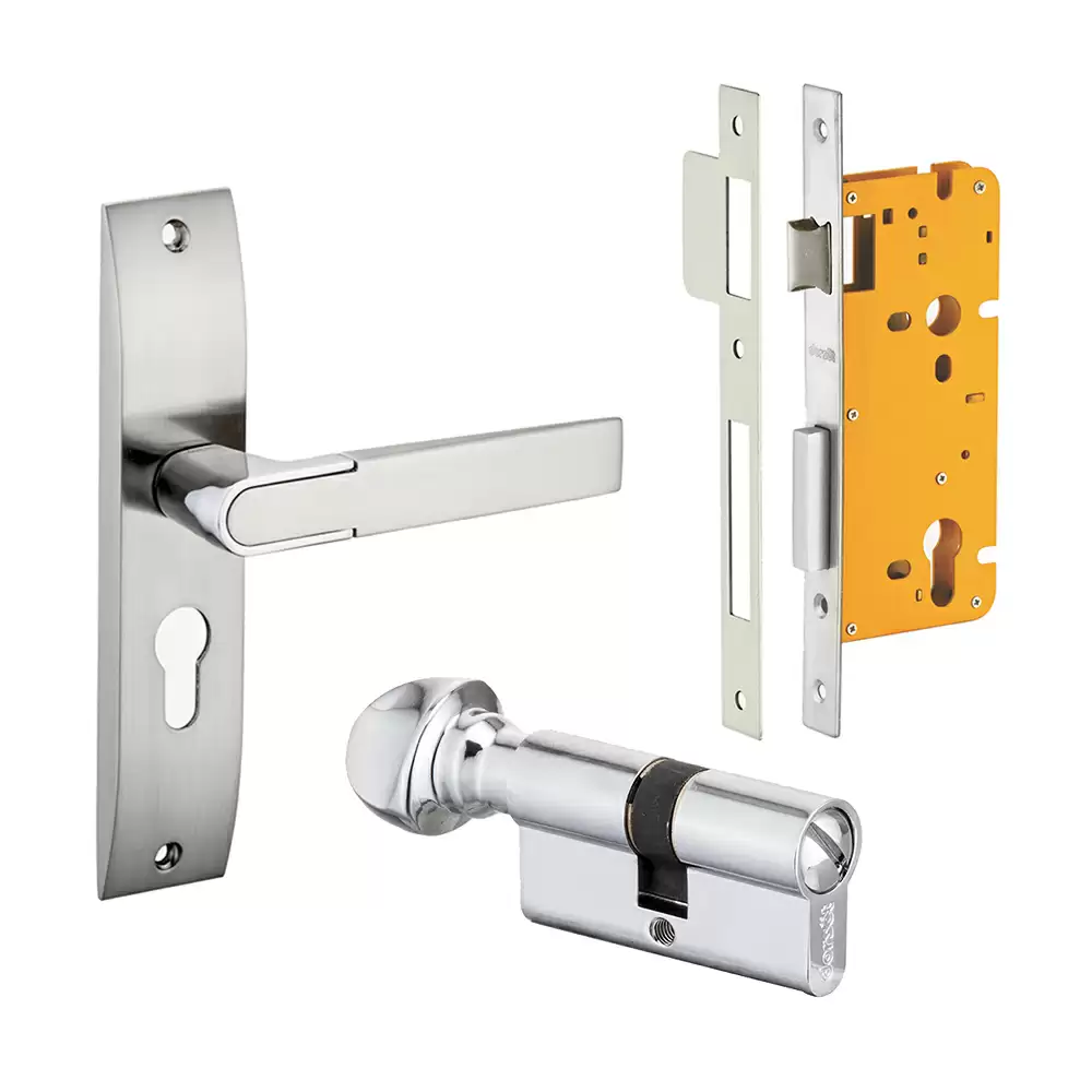 Dorset Zovi 250 mm Handle On Plate Door Handleset with Lock Body & 60 mm One Side Coin & One Side Knob Cylinder - Silver Chrome