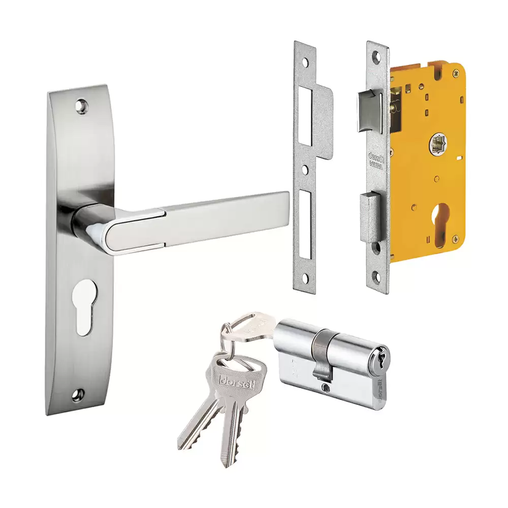 Dorset Zovi 200 mm Handle On Plate Door Handleset with Lock Body & 70 mm Both Side Key Cylinder - Silver Chrome