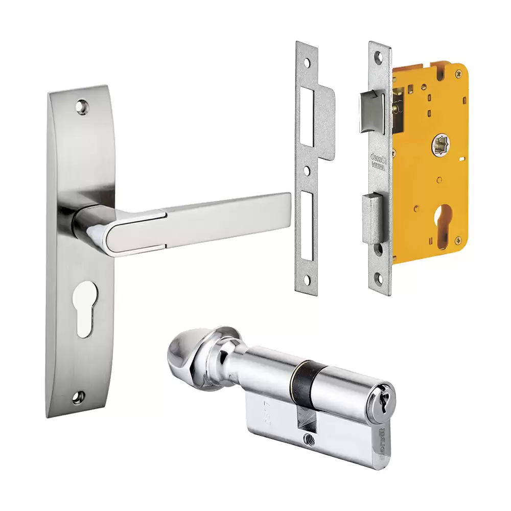 Dorset Zovi 200 mm Handle On Plate Door Handleset with Lock Body & 70 mm One Side Key & One Side Knob Cylinder - Silver Chrome