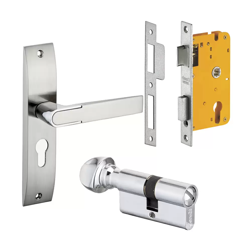 Dorset Zovi 200 mm Handle On Plate Door Handleset with Lock Body & 70 mm One Side Coin & One Side Knob Cylinder - Silver Chrome