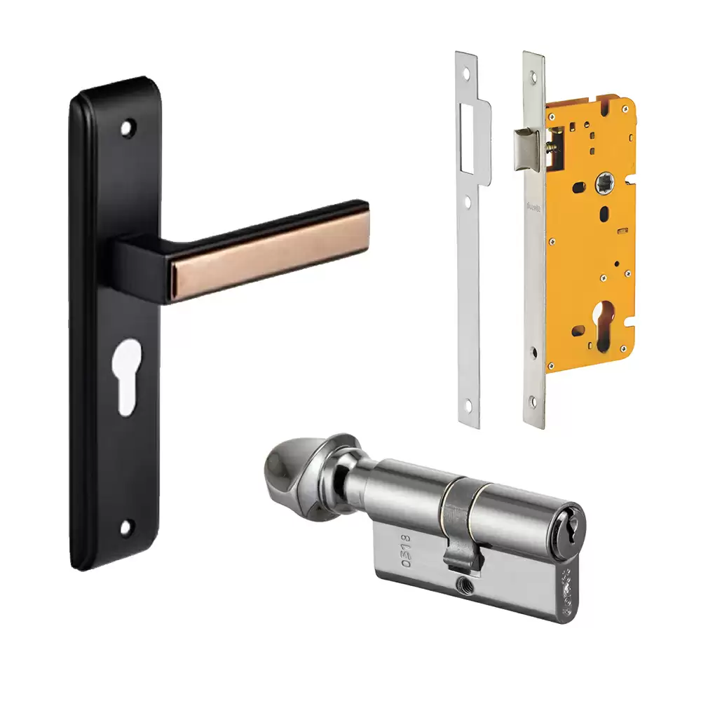 Dorset Kaira 250 mm Mortise On Plate Door Handleset with Lock Body & 70 mm One Side Key & One Side Knob Cylinder - Graphite Matt Hamilton Gold