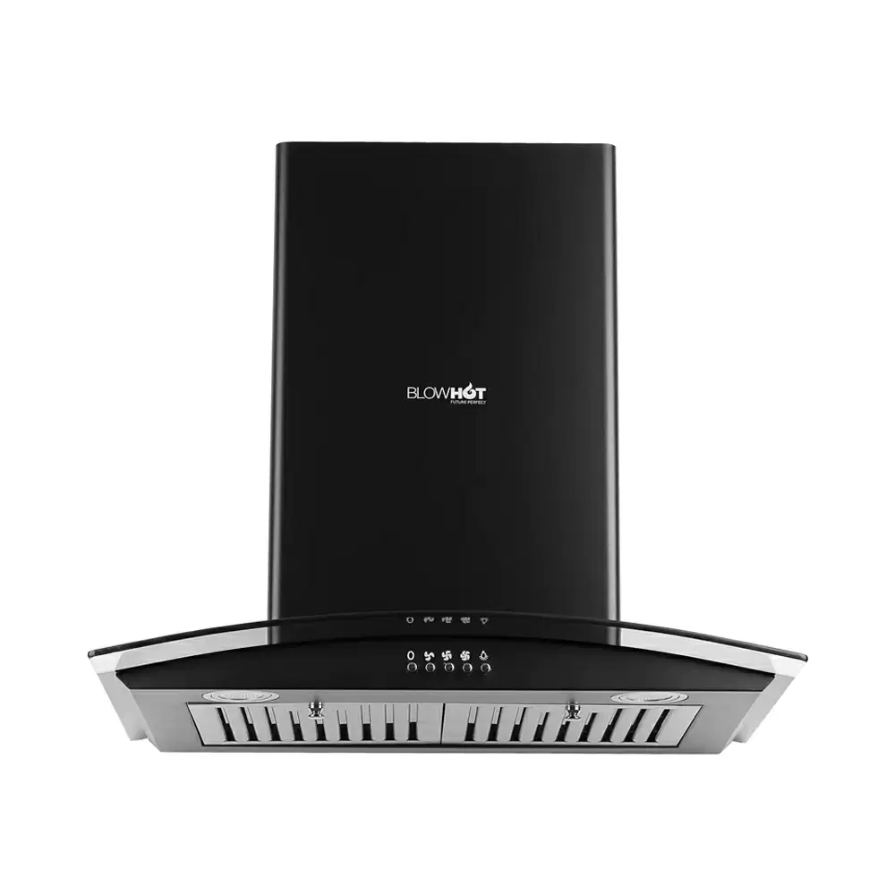 BlowHot Electra BAC 60 cm Bafﬂe Filter Curved Glass Wall Mounted Kitchen Chimney, Suction Capacity 1200 m³/hr - Black (1 Year Warranty)