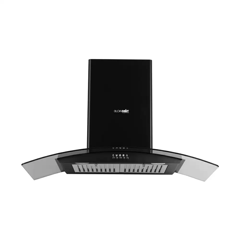 BlowHot Electra BAC 90 cm Bafﬂe Filter Curved Glass Wall Mounted Kitchen Chimney, Suction Capacity 1200 m³/hr - Black (1 Year Warranty)