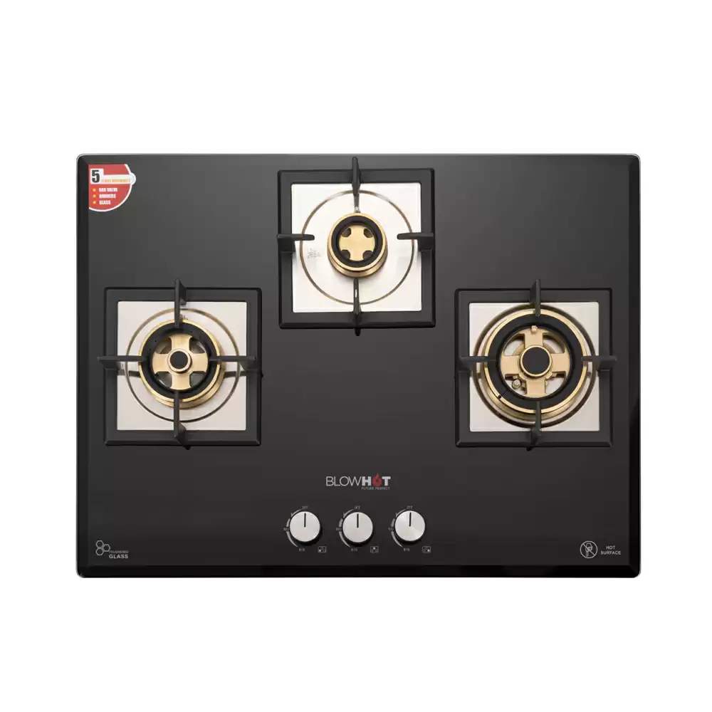 BlowHot Harbour Plus 70 cm 3 Brass Burner Auto Ignition Glass Top Built-in Hob - Black (1 Years Warranty)