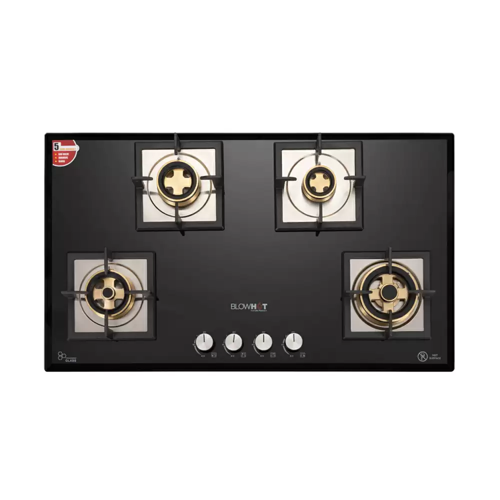 BlowHot Harbour Plus 90 cm 4 Brass Burner Auto Ignition Glass Top Built-in Hob - Black (1 Years Warranty)