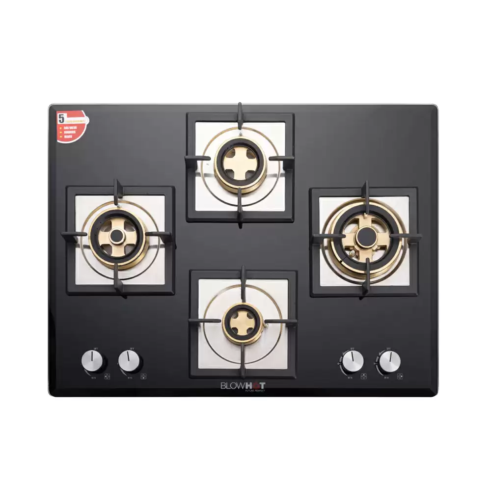 BlowHot Harbour Plus 70 cm 4 Brass Burner Auto Ignition Glass Top Built-in Hob - Black (1 Years Warranty)